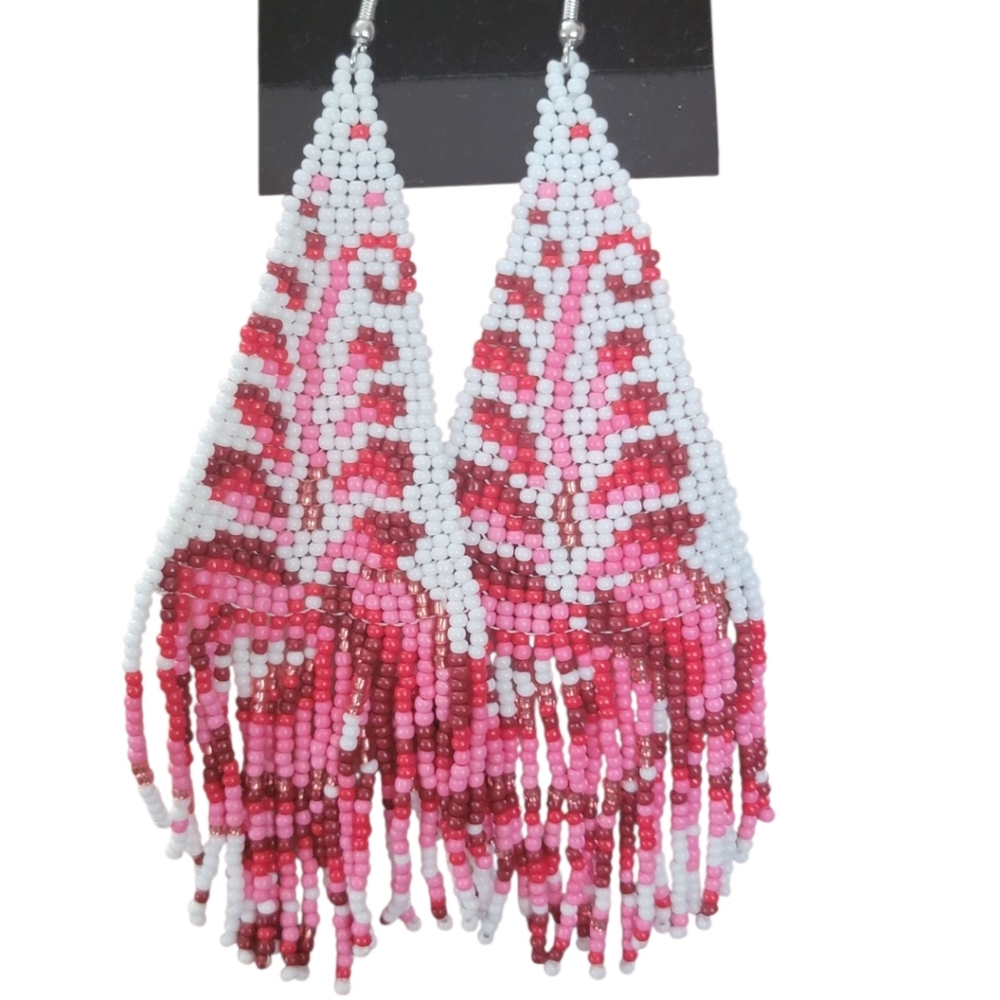 Artisan hand crafted Beaded Loom Rose earrings Red White